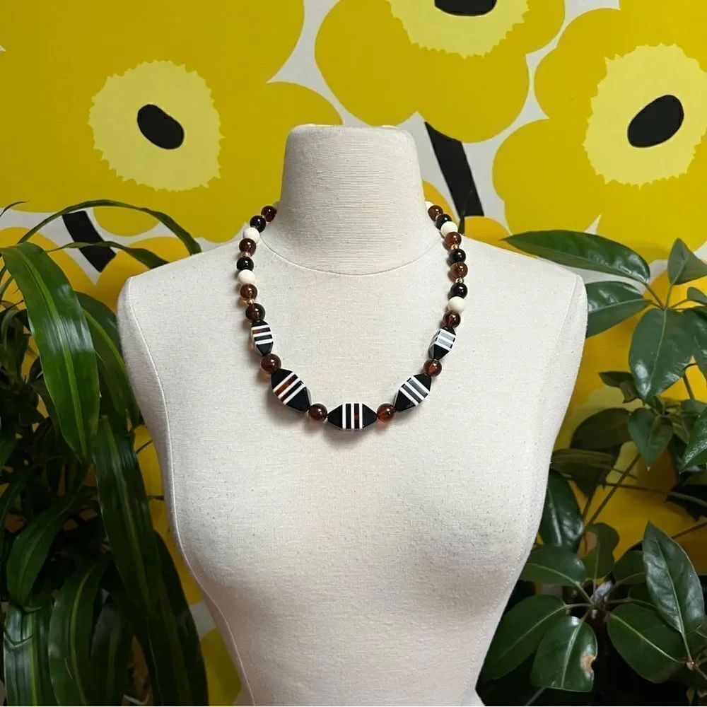 Gorgeous Neutral Tone Vintage 1970s 3D Geometric Block Beads Statement Necklace